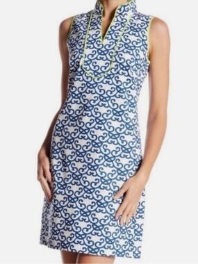 Vince Camuto Resort Blue White Print Sleeveless Shift Dress Size 8 Lime Trim